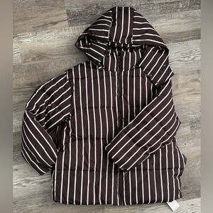 Striped Hooded Puffer Jacket Winter Coat Brown Medium
